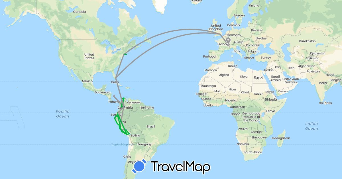 TravelMap itinerary: driving, bus, plane, cycling, train, hiking, boat in Switzerland, Colombia, Ecuador, United Kingdom, Peru, United States (Europe, North America, South America)